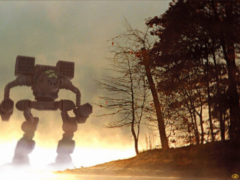 robot walking through forest