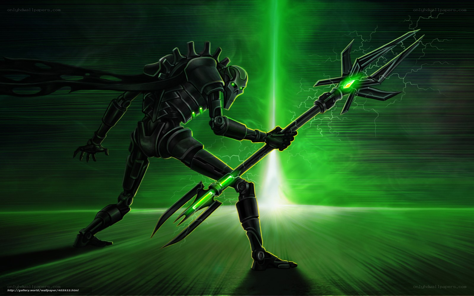 robot warrior with green energy spear