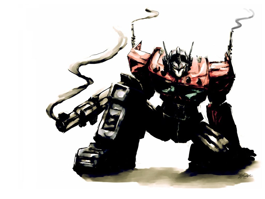 robot warrior with smoking guns