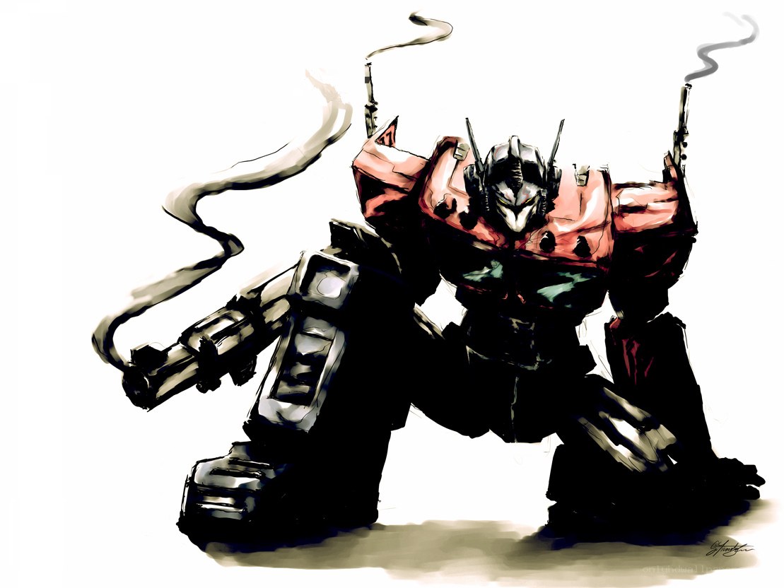 robot warrior with smoking guns
