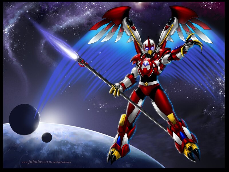 robot warrior with spear in space