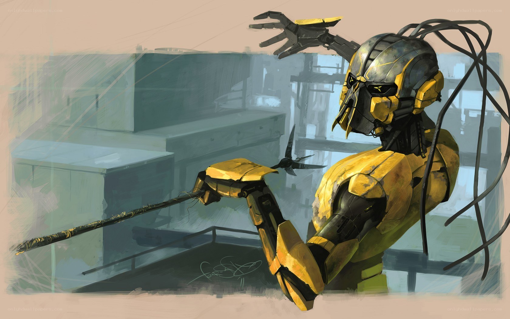 robot warrior with staff