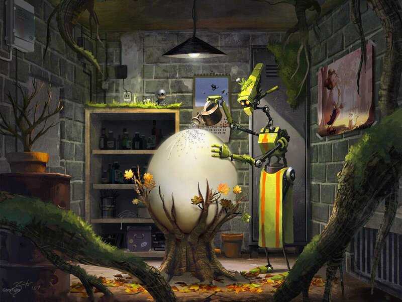 Robot watering a giant egg