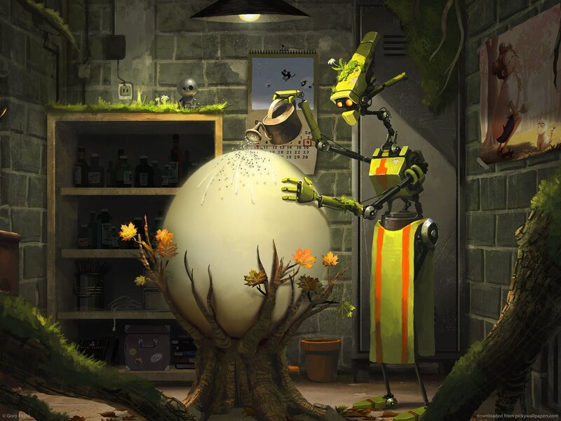 robot watering a giant egg