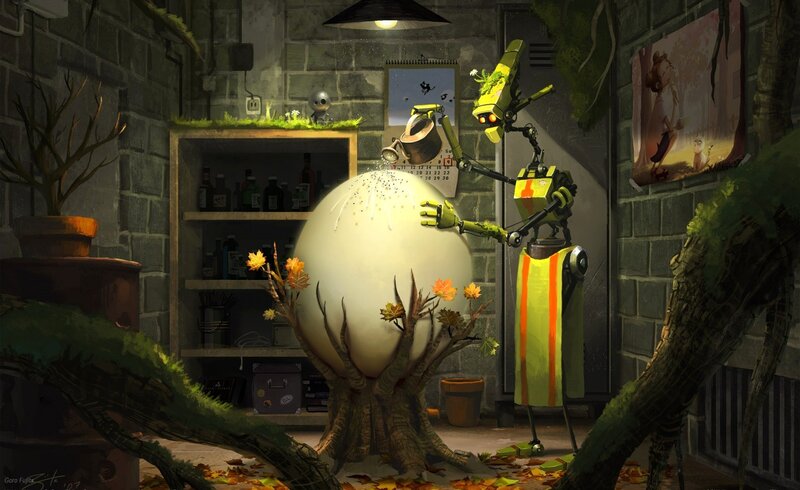 Robot Watering Egg — Green, Calm, Autumn, Digital Art, Tree