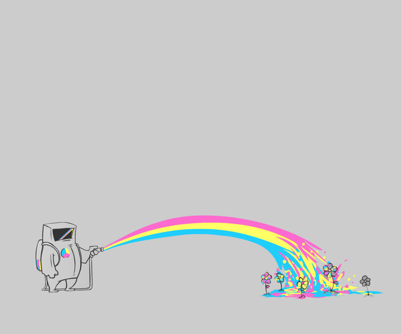 robot watering rainbow flowers