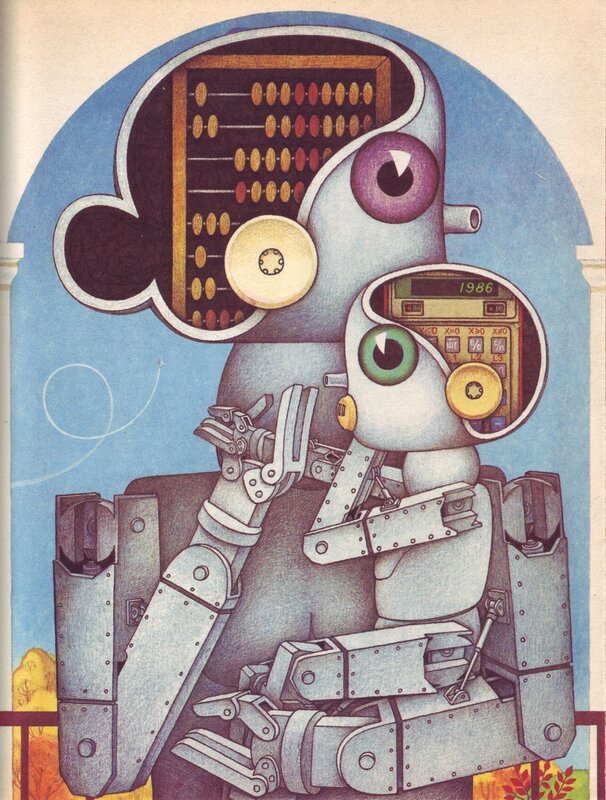 robot with abacus and calculator