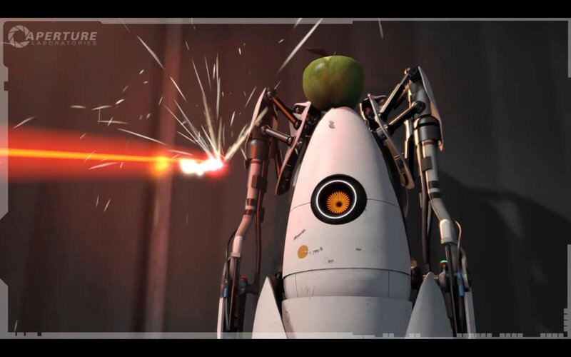 robot with apple on head
