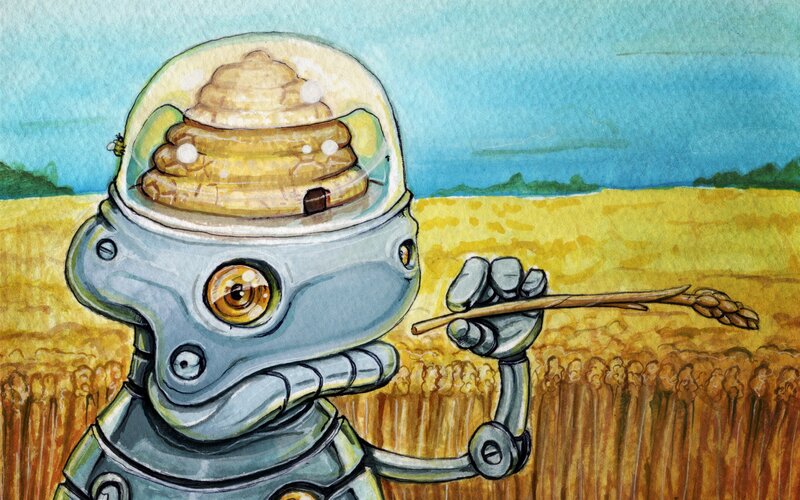 robot with beehive helmet