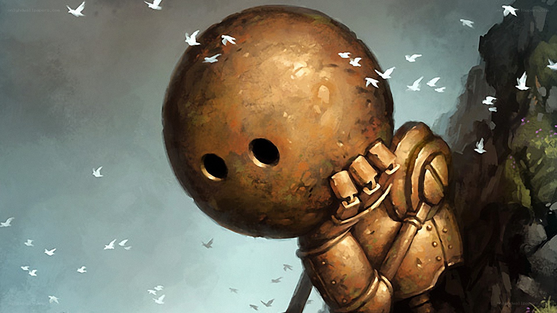 robot with birds flying