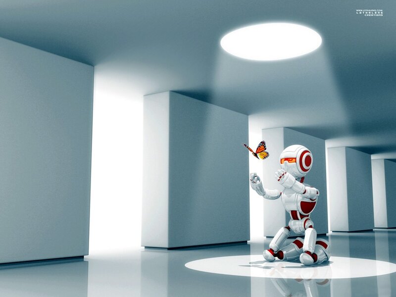 Robot with butterfly in corridor
