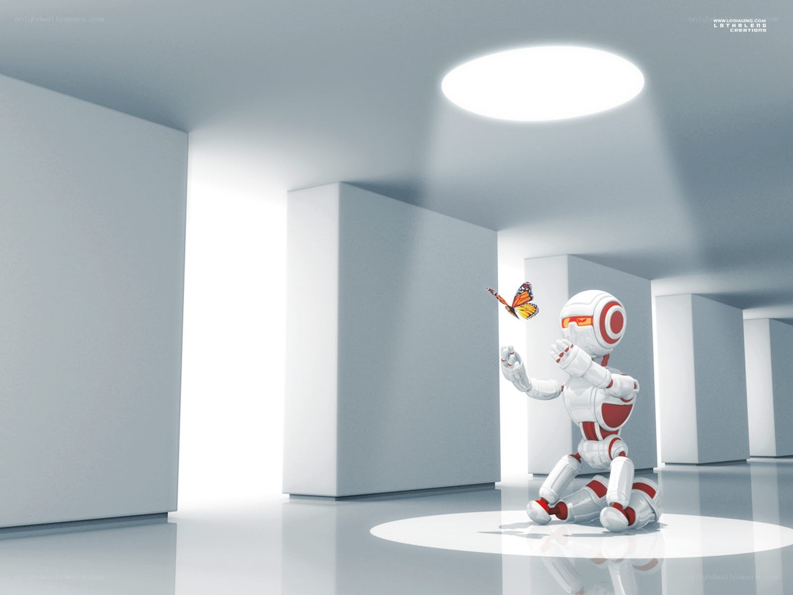 Robot with butterfly in white room