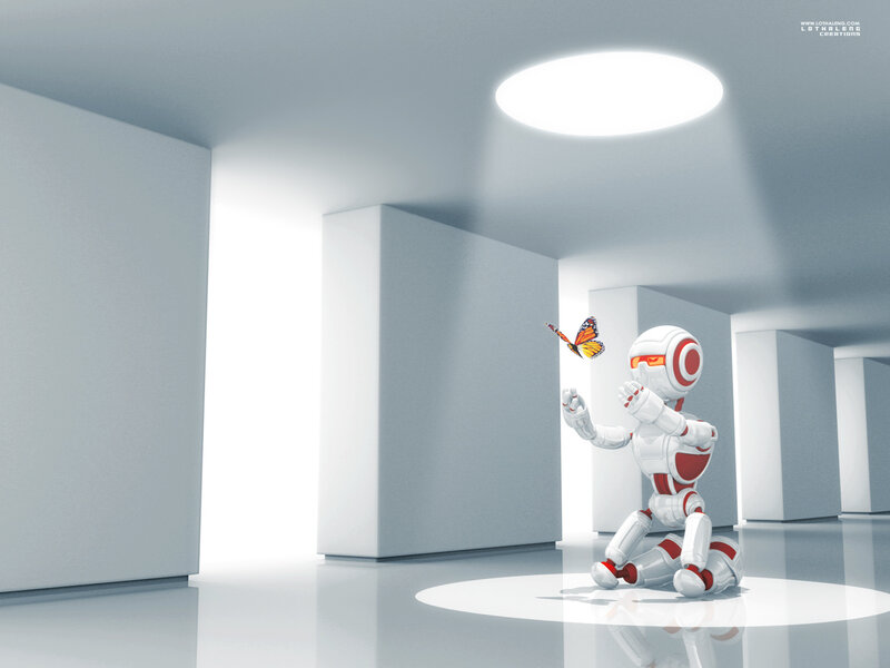 Robot with Butterfly — White, Serene, 3d Render