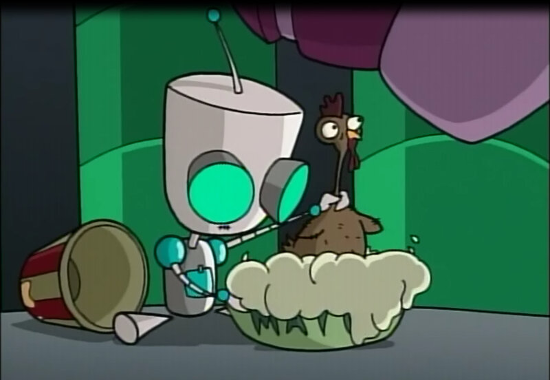 robot with chicken in pie