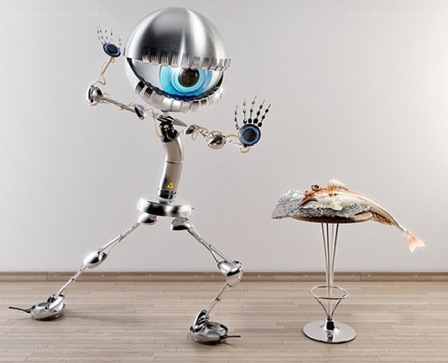 robot with fish on table