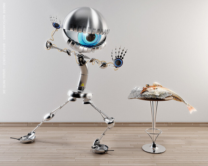 robot with fish on table