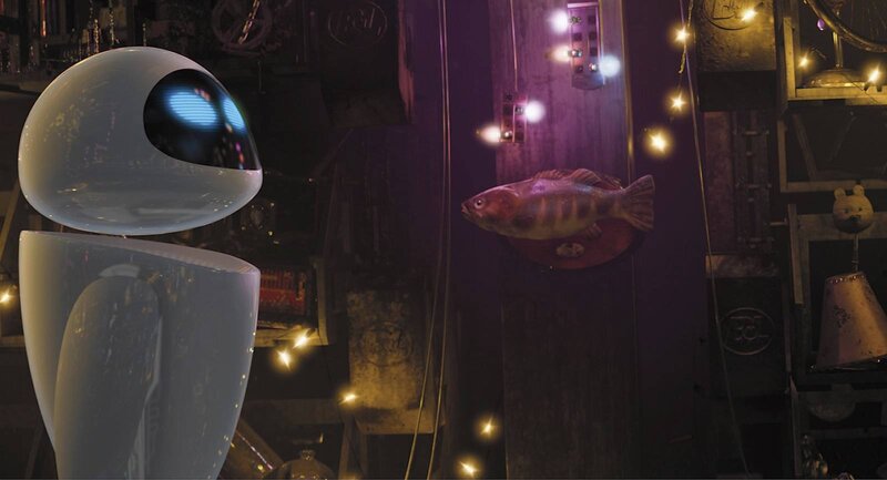robot with fish on wall