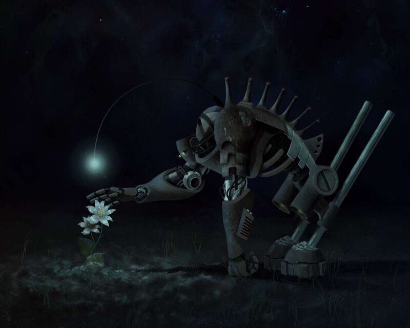 Robot with Flower — Black, Dramatic