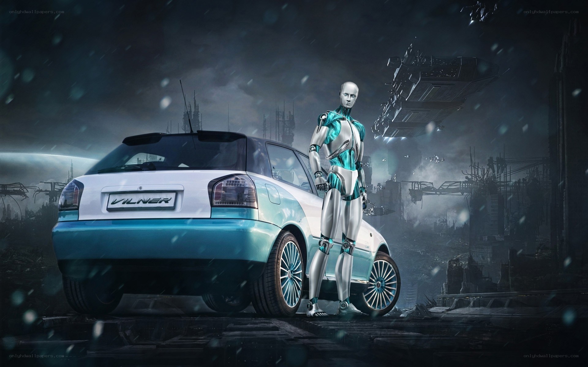 robot with futuristic car