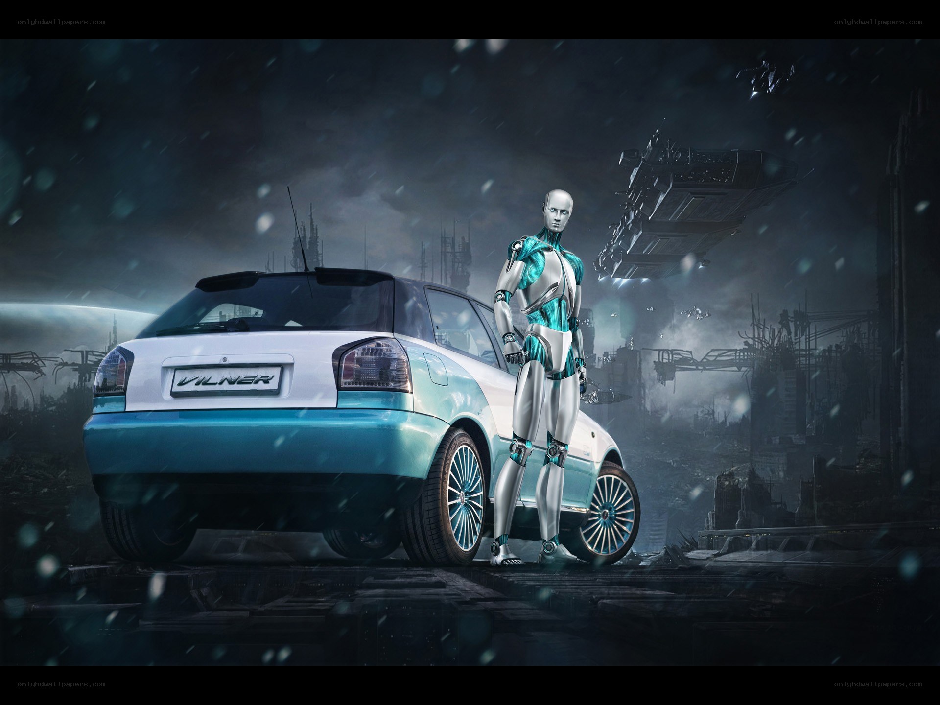 robot with futuristic car