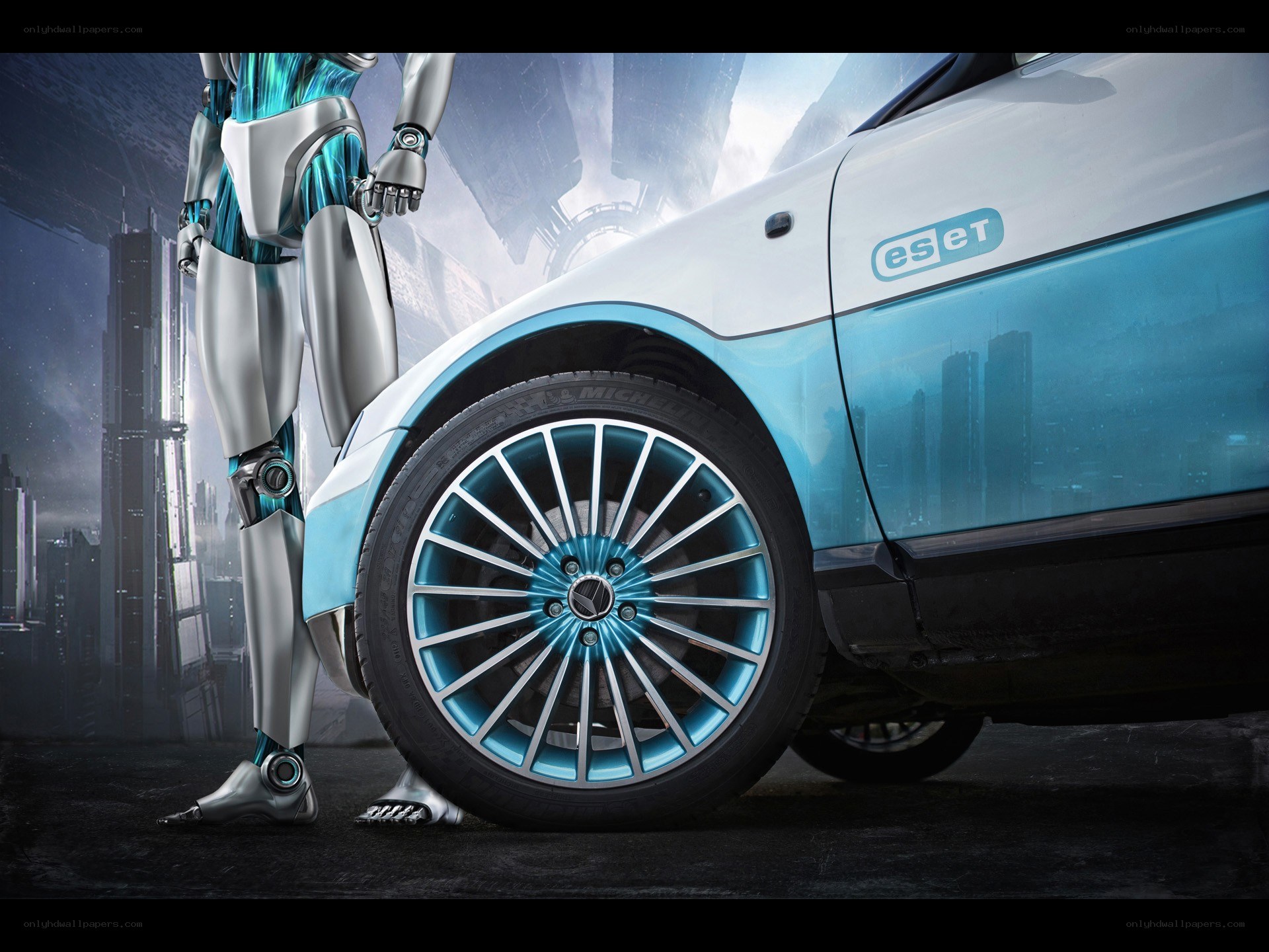Robot with futuristic car