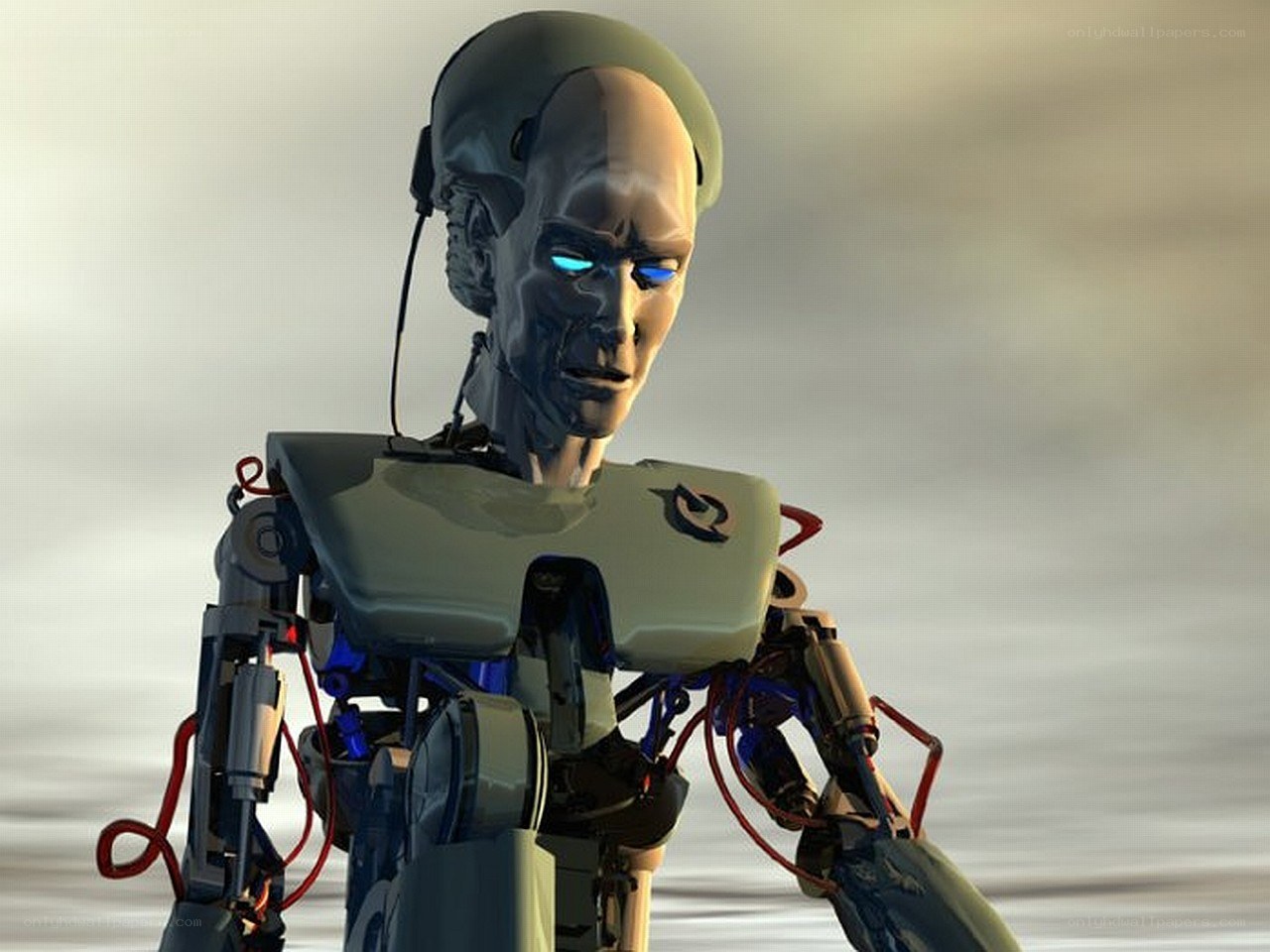 robot with glowing blue eyes