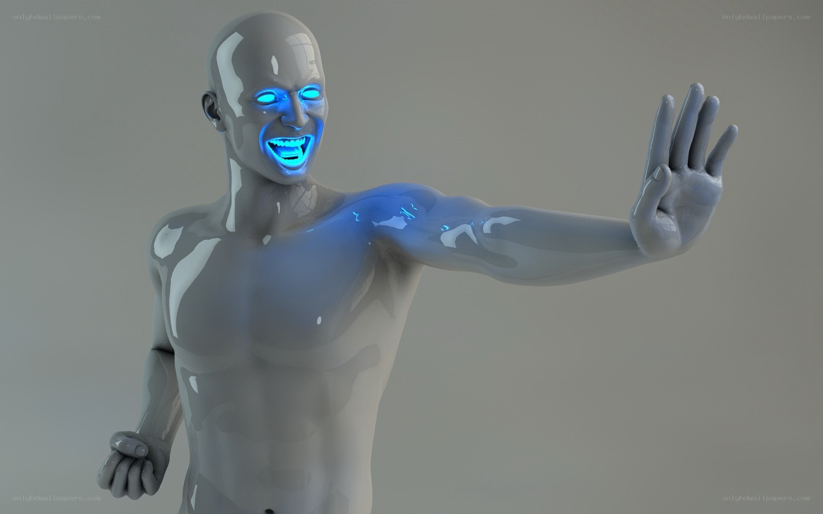 robot with glowing blue eyes