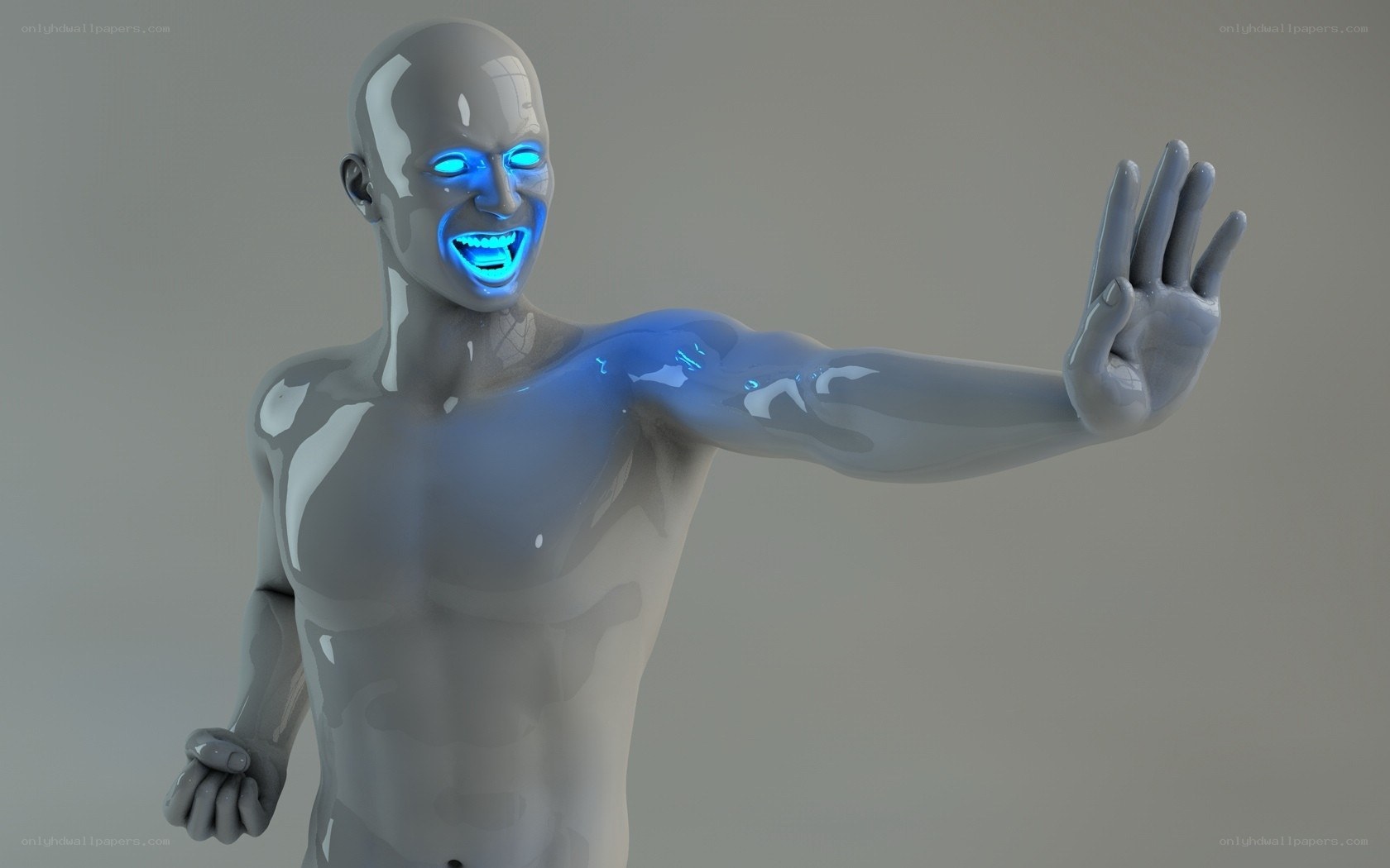 robot with glowing blue eyes