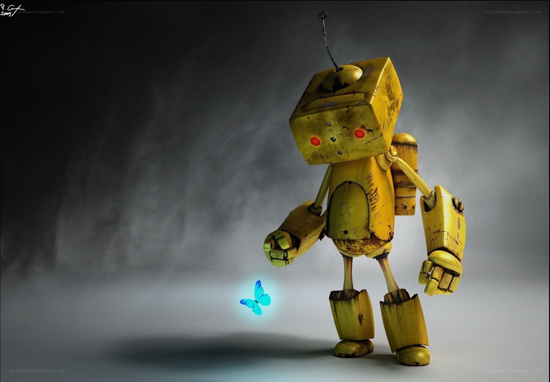 robot with glowing butterfly