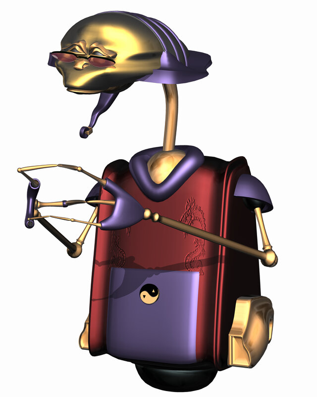 robot with golden head and purple vest
