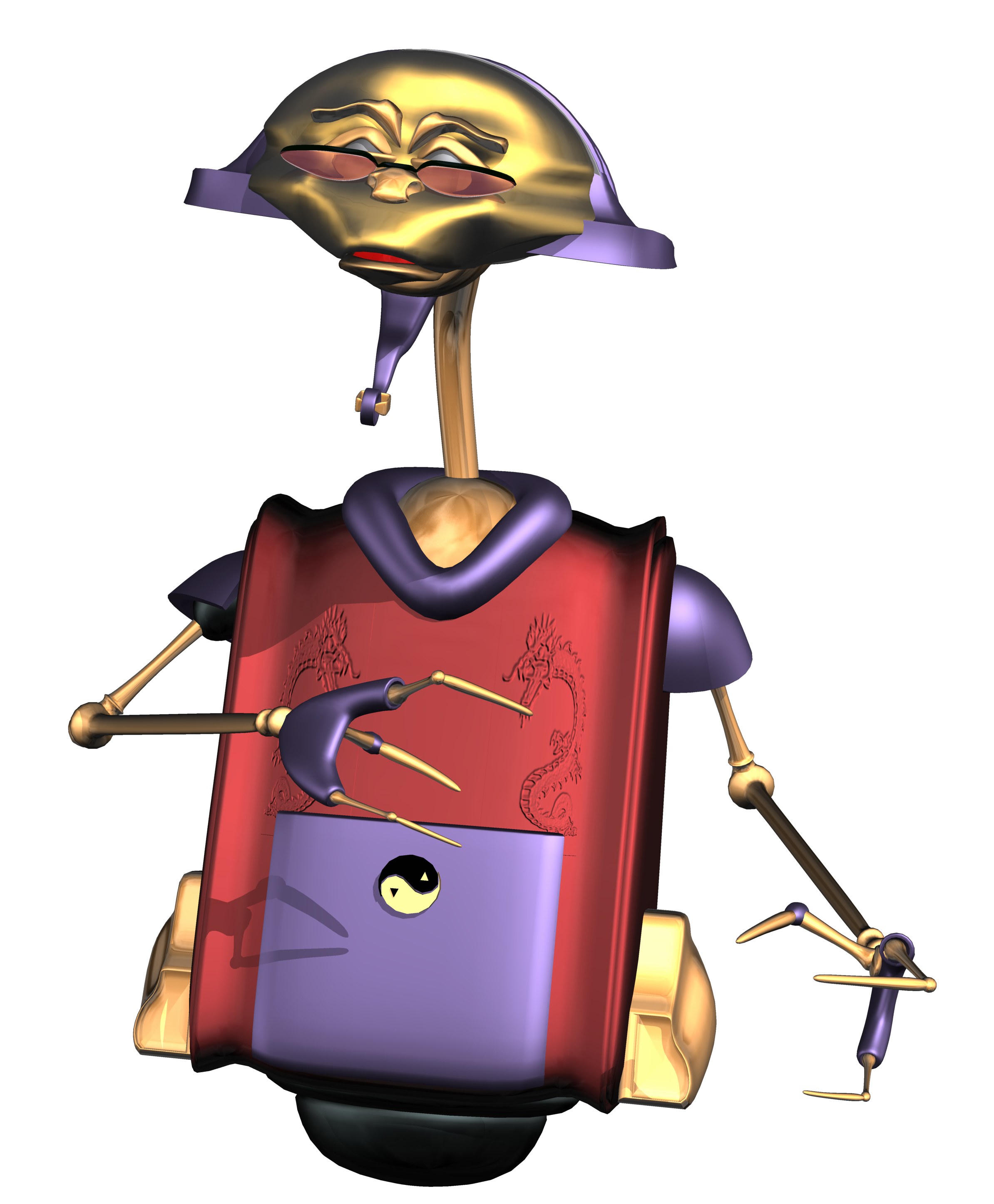 robot with golden head and red vest
