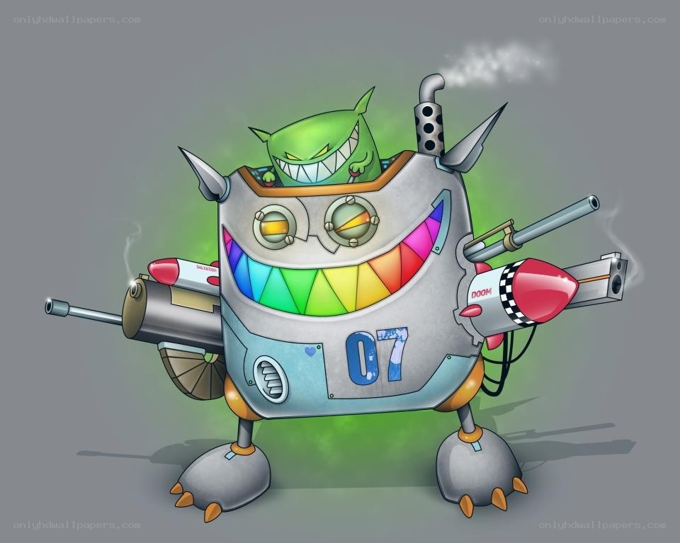 robot with green alien pilot
