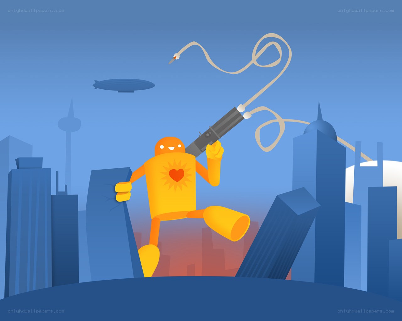 robot with heart on city rooftop