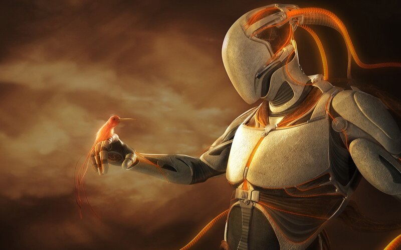 robot with hummingbird
