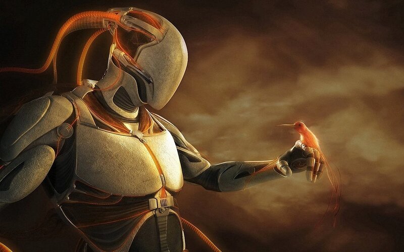 Robot with Hummingbird — Brown, Dramatic, Digital Art