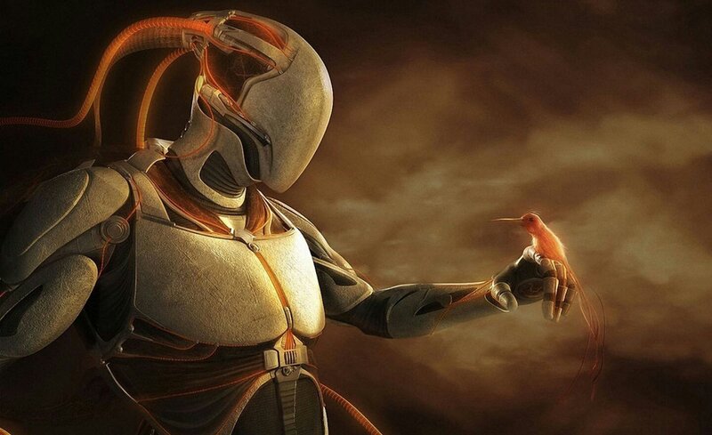 Robot with Hummingbird — Brown, Dramatic