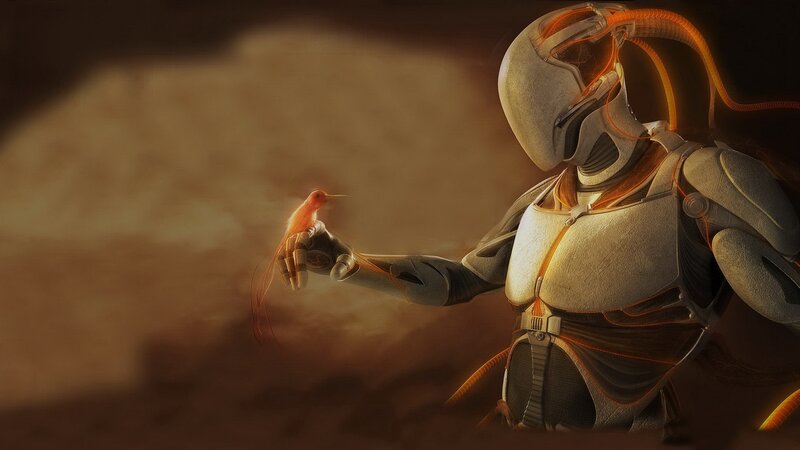 Robot with Hummingbird — Brown, Serene