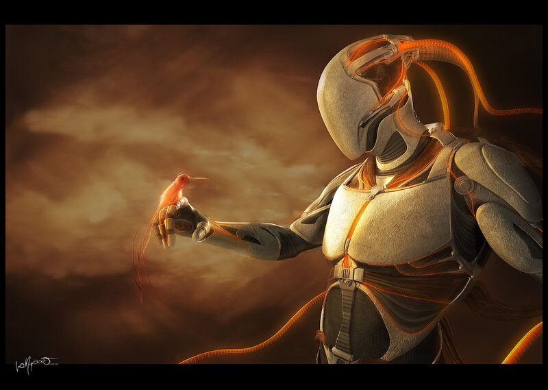 robot with hummingbird