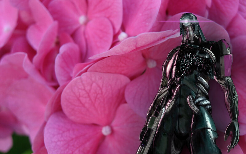 robot with laser eyes among flowers