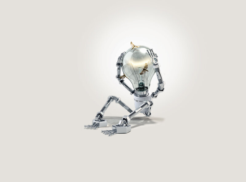 robot with light bulb head