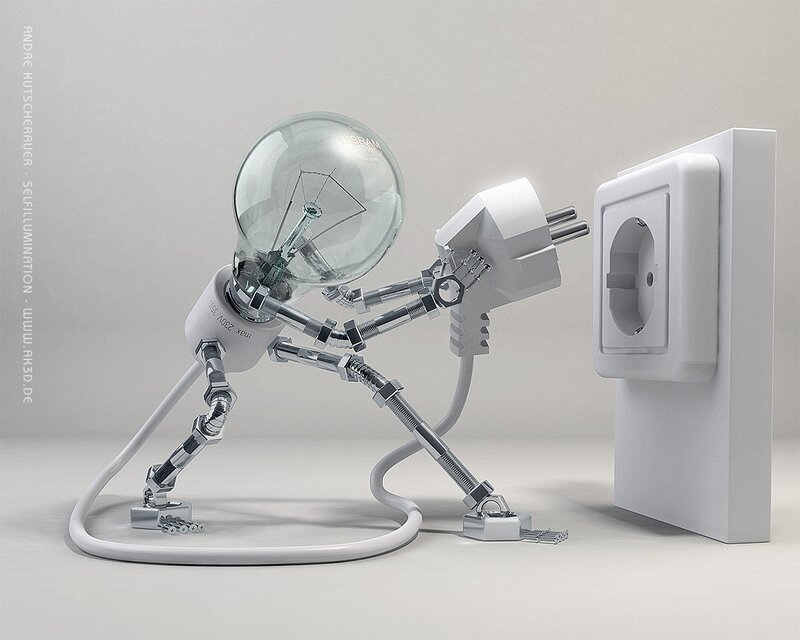 Robot with Light Bulb Head — White, Light Bulb