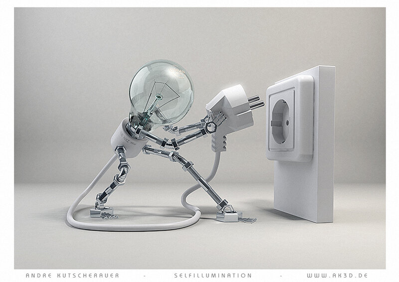 Robot with Light Bulb Head — White, Neutral, 3d Render, Light Bulb, Plug, Socket