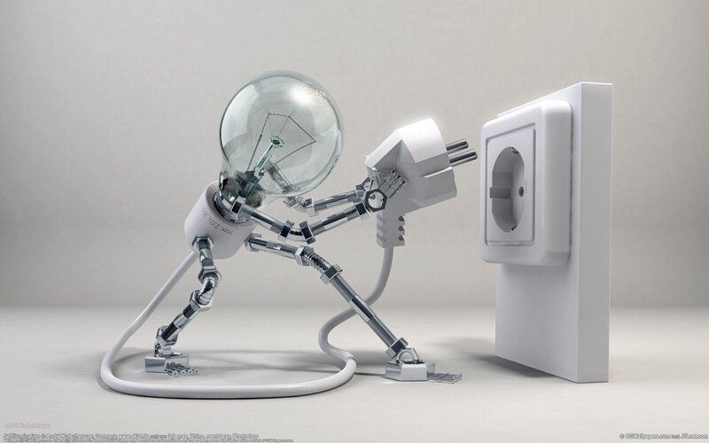 Robot with Light Bulb Head — White, Neutral, 3d Render