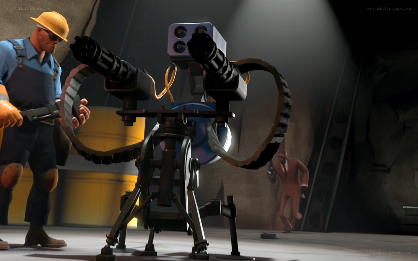 Robot with miniguns in industrial setting