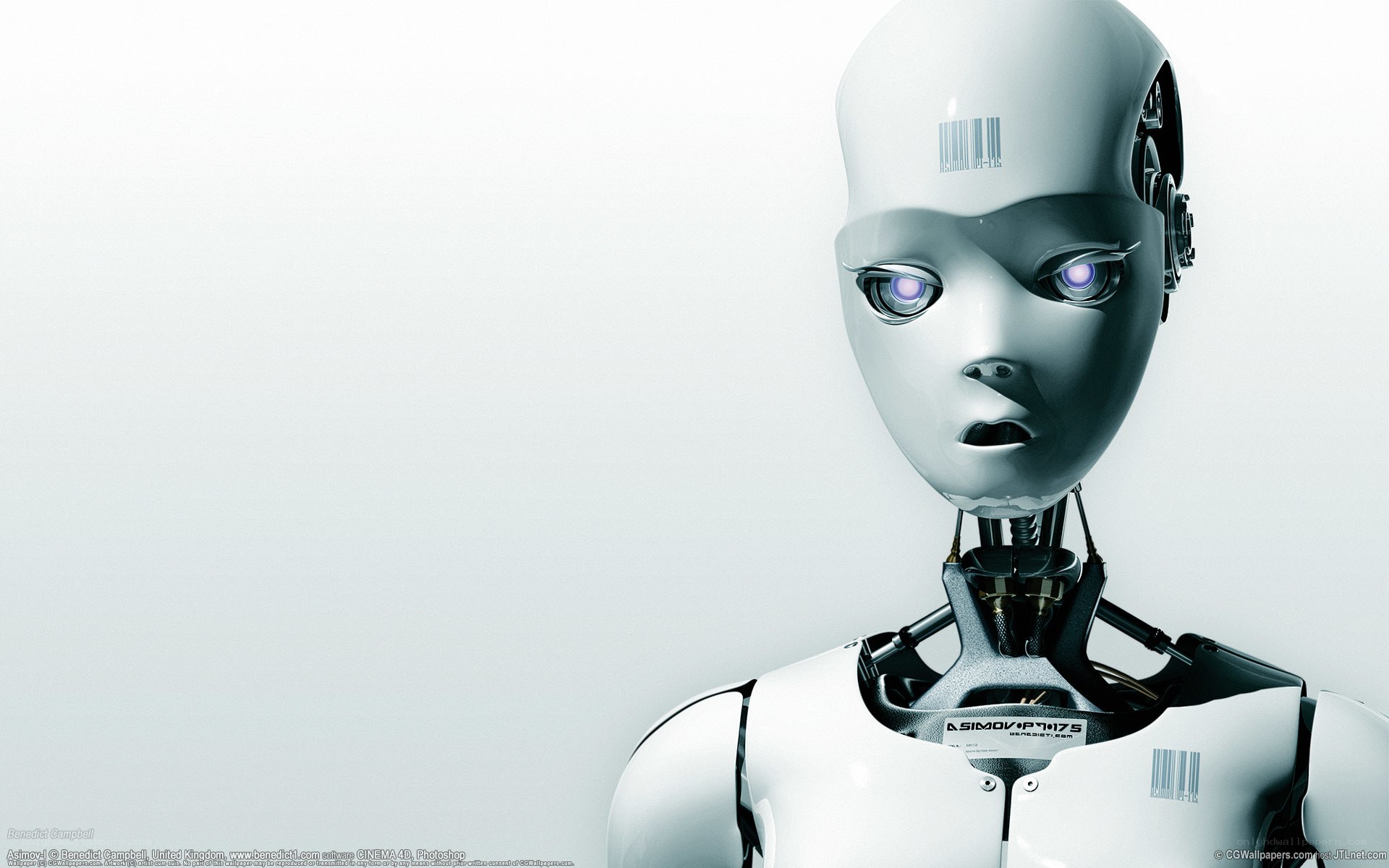 robot with purple eyes