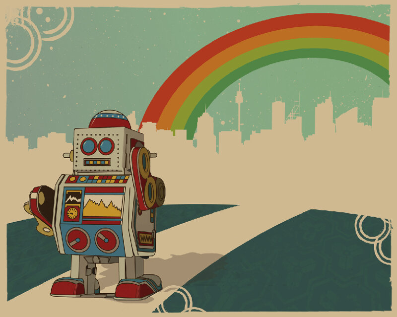 robot with rainbow cityscape
