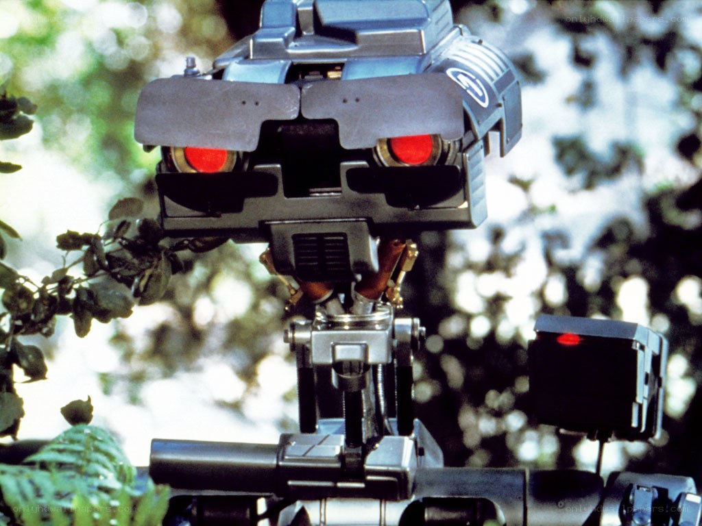 robot with red eyes in forest