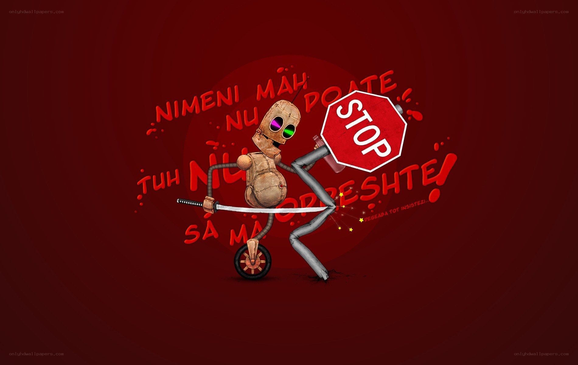 robot with sword and stop sign