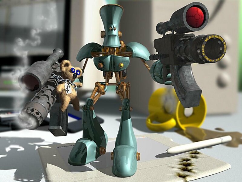 robot with teddy bear and guns
