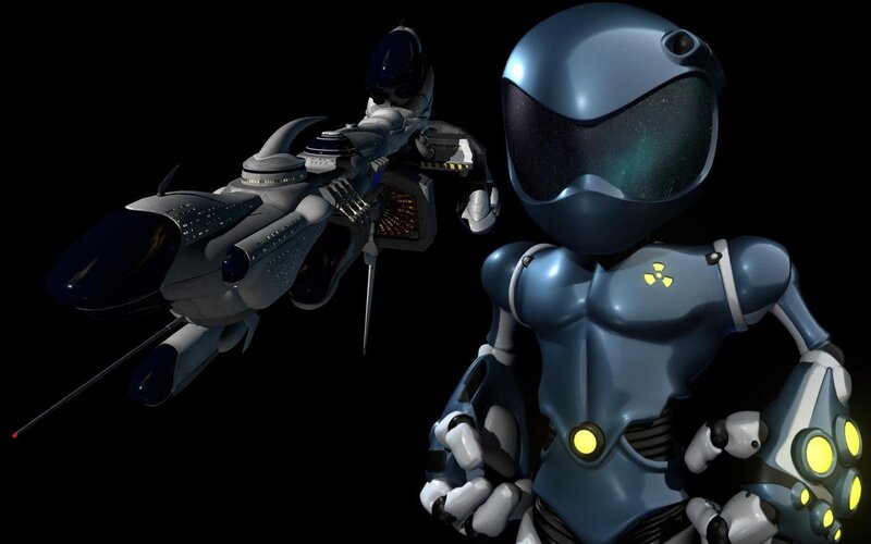 robot with weapon in space